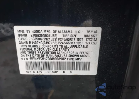 2011 Honda Pilot Ex-L from USA, damaged, VIN 5FNYF3H70BB008902